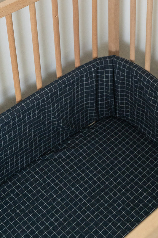 Navy Grid Washed Cot Fitted Sheet